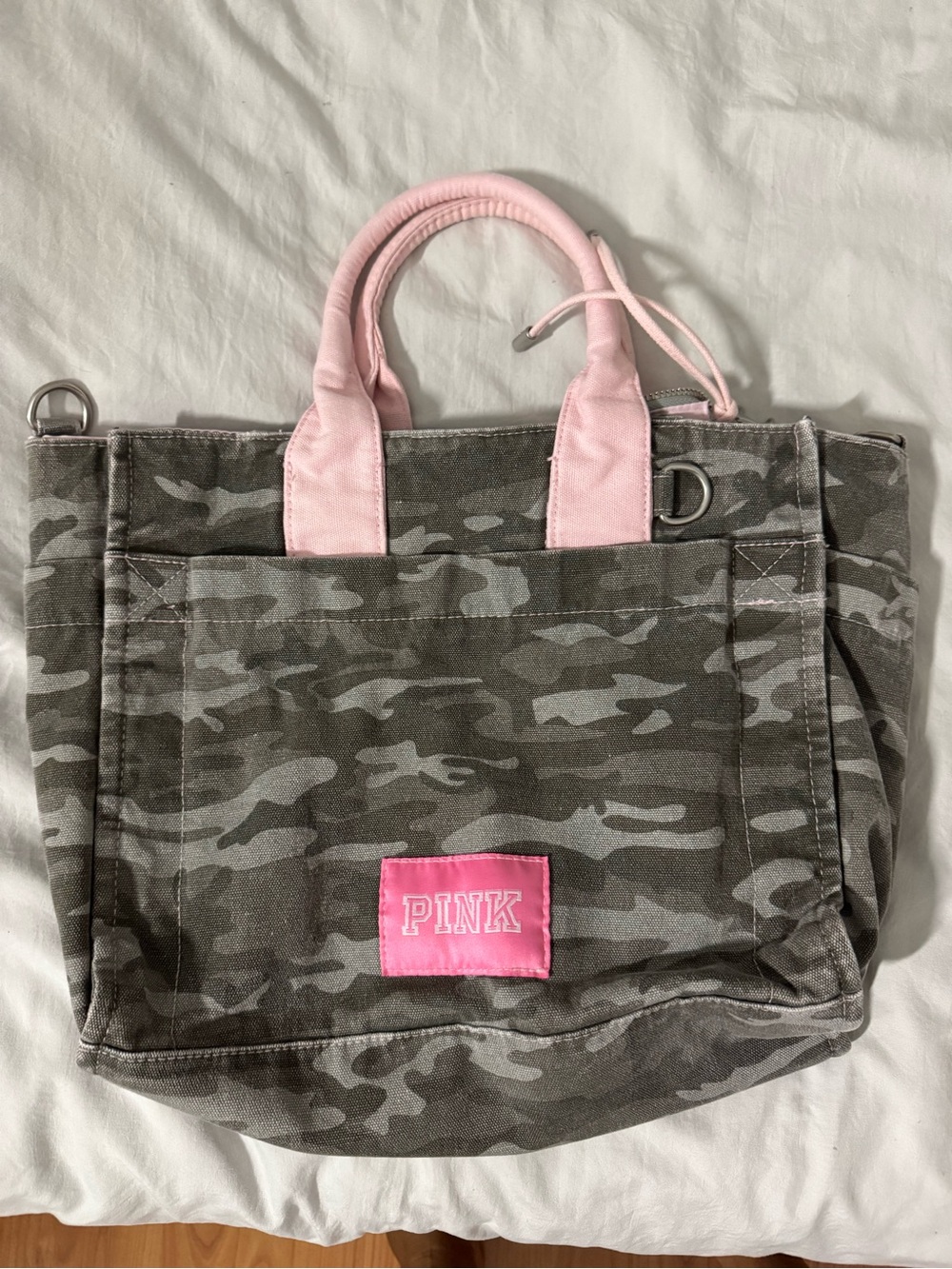 PINK Victoria's Secret Gray Camo Canvas Tote with Pink Handles
